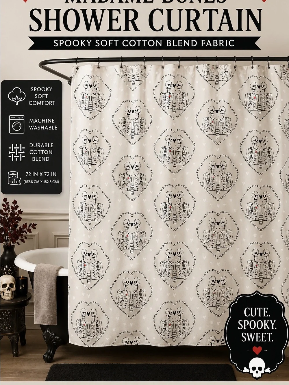 Madame Bones Cream Cotton-Blend Shower Curtain with Heart Skeleton Pattern